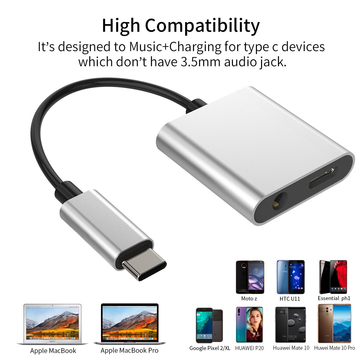 Type C Audio Charger Adapter, 2 in 1 USB-C to 3.5mm Headphones Aux Adapter,Type C to 3.5mm Audio PD Fast Charge Splitter, Support Google Pixel 3/3 XL/2/ 2XL,Samsung Note8/S8/S8+/S9/S9+,HTC U11 Etc