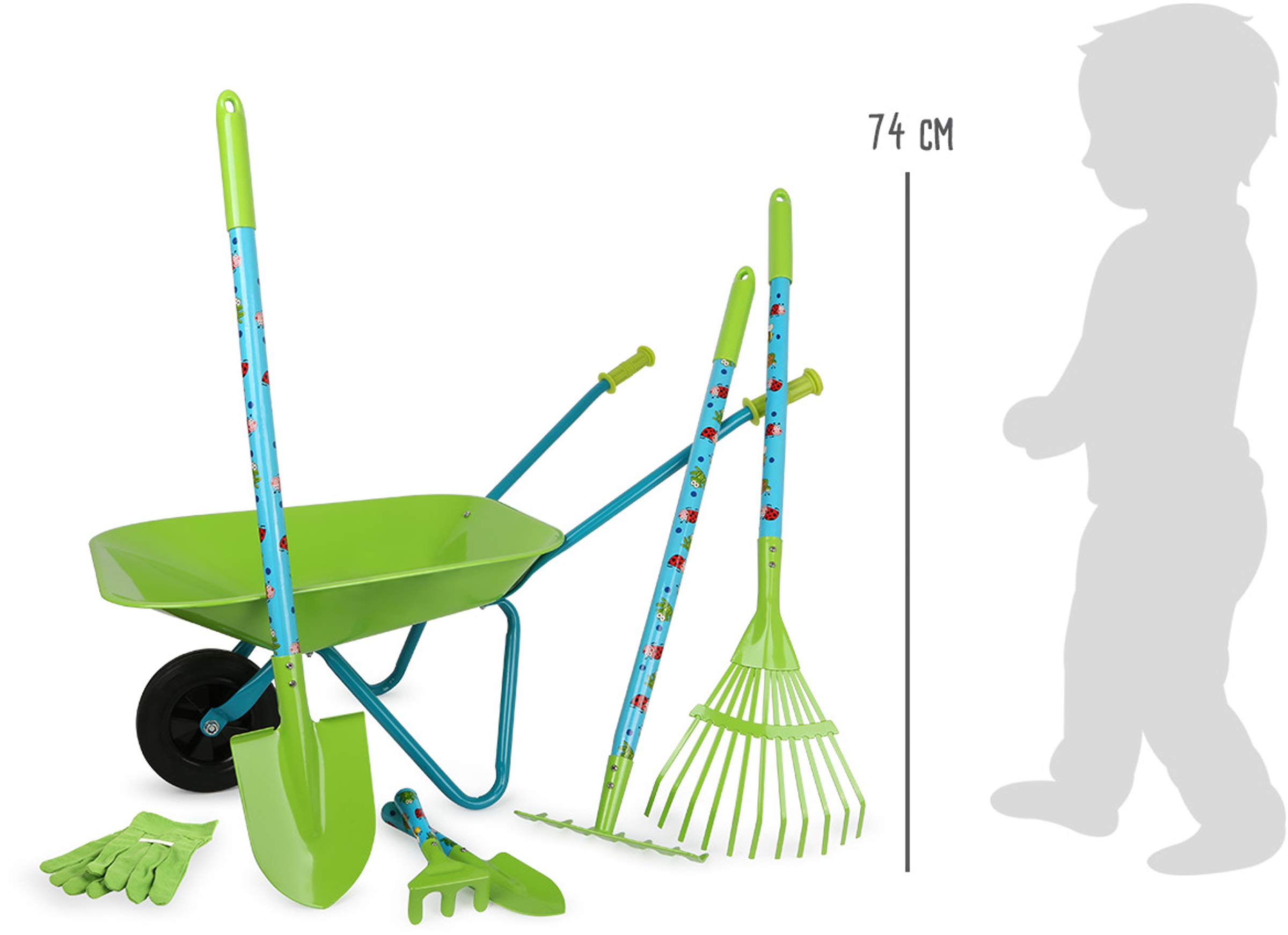 Legler Small Foot 12014 Large Garden Set with Wooden and Metal Wheelbarrow 7-Piece Outdoor Toy Set, Multi-Colour