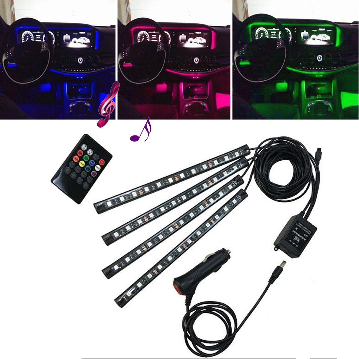 Lononvie Car Interior Lighting Kit Sound Sensor Light,4pcs 8 Color 48LED light,Strip Atmosphere Decorative for Car With Music Sound Active Function and IR Remote Control