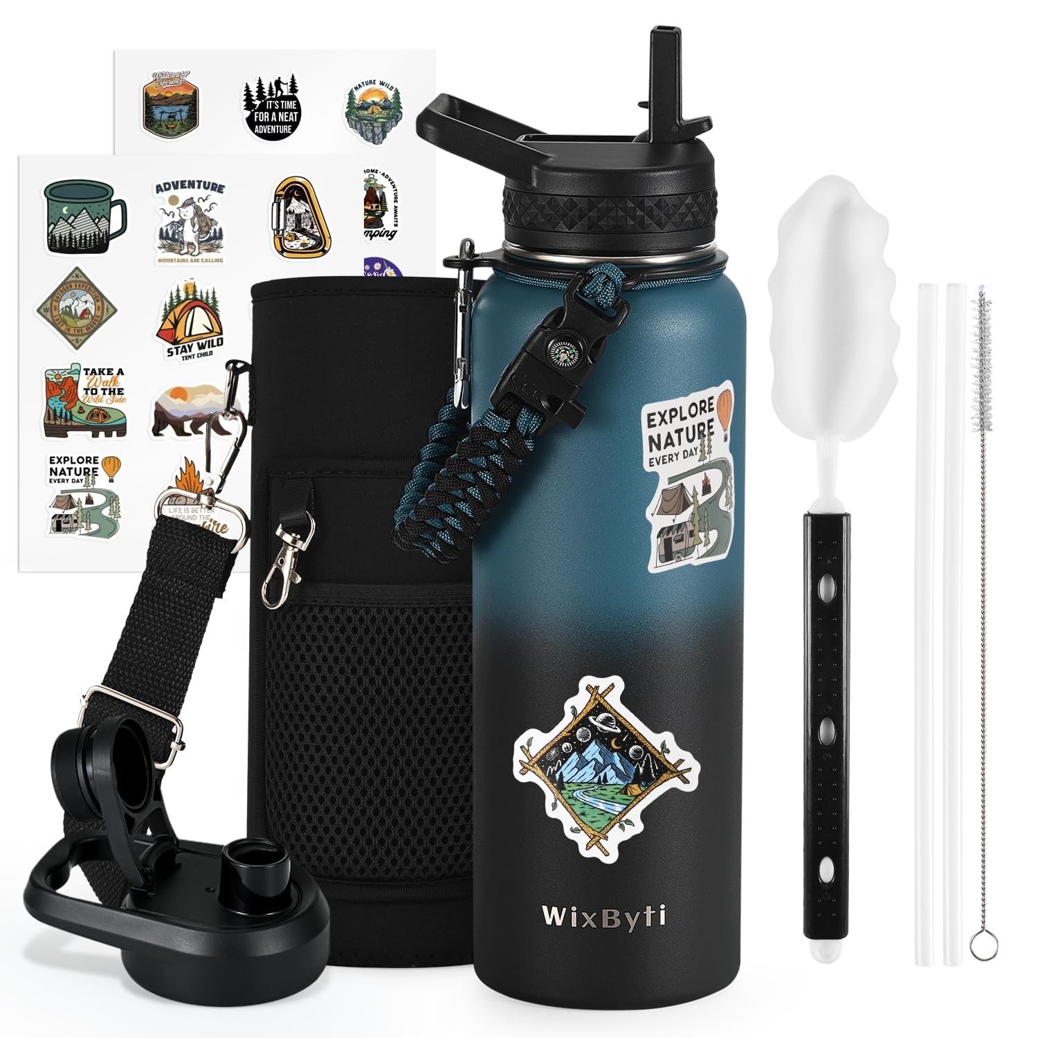 Photo 1 of WixByti 40 oz Insulated Water Bottle with Straw (Cold for 48 Hrs), Stainless Steel Triple Wall Vacuum Sports Water Jug, Leakproof Hydro Cup Flask with Paracord Handle & Straw Spout Lids & DIY Stickers