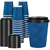 Lamosi 12 OZ Disposable Coffee Cups with Lids 50 Pack, Hot Paper Insulated Corrugated Ripple Wall Cup for To Go Drinks and Beverages