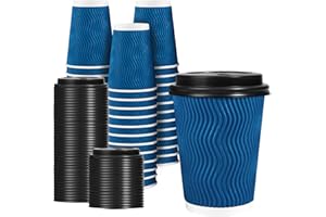 Lamosi 12 OZ Disposable Coffee Cups with Lids 50 Pack, Hot Paper Insulated Corrugated Ripple Wall Cup for To Go Drinks and Beverages