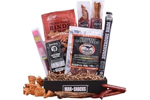 ManSnacks Bacon Jerky Gift Basket for Men - 12 pc - Bacon Jerky, Bacon Strips, Bourbon Pork Sticks, Bacon Stick, Ham Stick, and Pork Rinds in a Manly Gift Box | Unique Gift Idea for Bacon Lovers