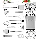Home Hero 32-Piece Stainless Steel Kitchen Utensil Set - Heat-Resistant Nonstick Silicone Tools - Durable Stainless Steel Cooking Tools - Measuring Cups & Spoons with Holder - 32 Pc, Silver