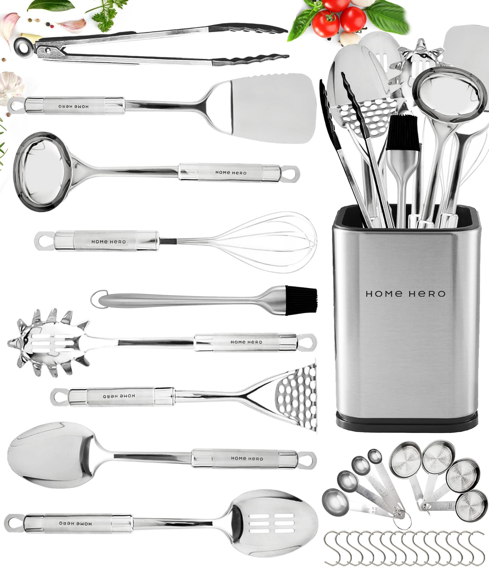 Kitchen Utensils Set - Non-Stick Heat Resistant Cooking Utensils Set - Spoons Turners Spatula Ladle Set - Kitchen Tools Gadgets Accessories (32 pcs Stainless Steel Set)