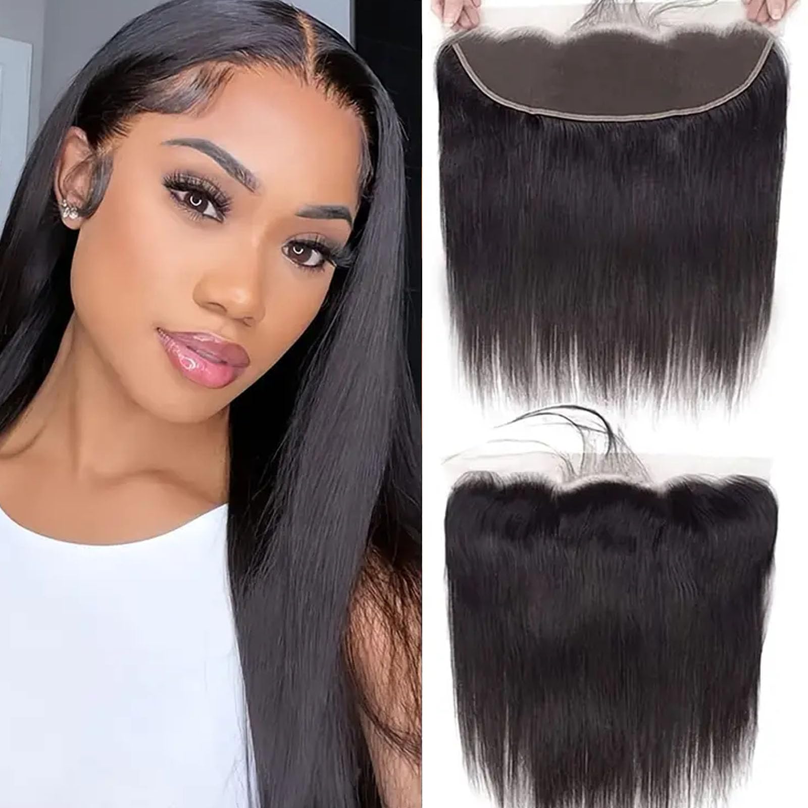 13x4 Lace Frontal Brazilian Straight Human Hair Extensions 150% Density Lace Frontal Human Hair Pre Plucked with Baby-Hair 16 Inch — image 1