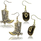 2 Pairs Rhinestone Western Boots Earrings and Cowgirl Cowboy Hat Bohemian Rodeo Boot Drop Dangle Earrings for Women