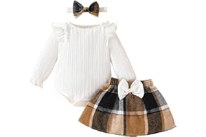 Winter Outfit for 2 Year Girl Clothe Infant Girls Long Sleeve Ruffles Ribbed Romper Bodysuit Plaid Bowknot Skirts Stuff for