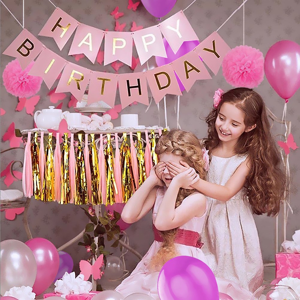 Amteker Party Birthday Decorations, Happy Birthday Banner Flags, 9 Tissue Paper PomPoms, 40 Latex Balloons, 20 Heart Balloons, for Birthday, Wedding, Baby Shower, Parties, Main Decorations