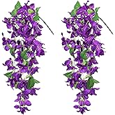 2PCS Bougainvillea Artificial Hanging Flowers Plants for Outdoors Outside Spring Decoration, Faux Silk Flowers Fake Vines UV Resistant Look Real Realistic for Front Door Porch Planter Balcony, Purple