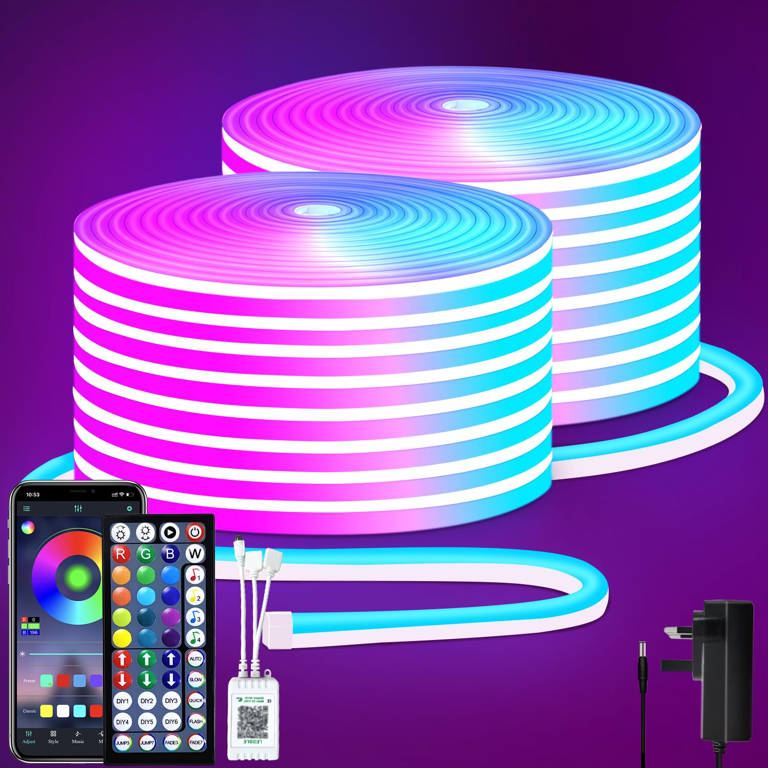 Segrass 30M RGB LED Neon Rope Strip Light with Remote/APP Control - 24V IP65 Waterproof Flexible for Bedroom, Room, Outdoors Decor (2 Rolls of 15M) — image 1