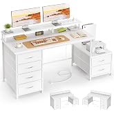 Flrrtenv 52 Inch Office Desk with 6 Drawers and Printer Space for Storage, Reversible Computer Desk with Monitor Stand &amp; Power Outlets, Home Office Desks, White