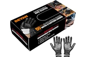 DEYAN Disposable BBQ Gloves Kit, 50 Pcs Black Nitrile Gloves with 2 Cotton Liners for Outdoor Cooking,Grilling