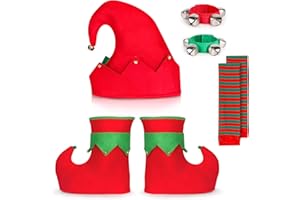 WAENEREC Christmas Elf Costume Accessories Set Elf Hat Shoes Socks Set with Band Wrist Bells for Men, Women, Xmas Holiday Party Costume Props, Red and Green