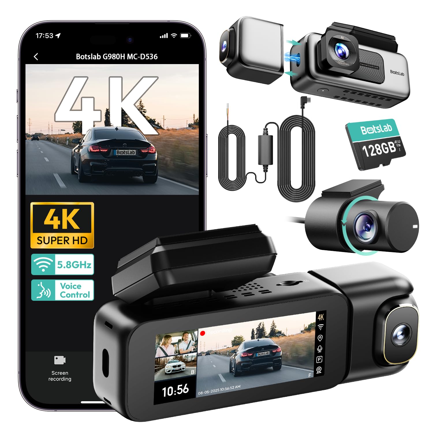 Photo 1 of BOTSLAB 3 Channel Dash Cam 4K with ACC Hardwire Kit & 128GB TF Card, 3.18" Touch Screen, Voice Control, 4K Front and 1080P Rear Inside Loop Recording, 5.8GHz WiFi, GPS, Night Vision, WDR, Parking Mode
