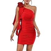 Verdusa Women's 3D Floral One Shoulder Dresses Ruched Mini Bodycon Dress Festival Outfits
