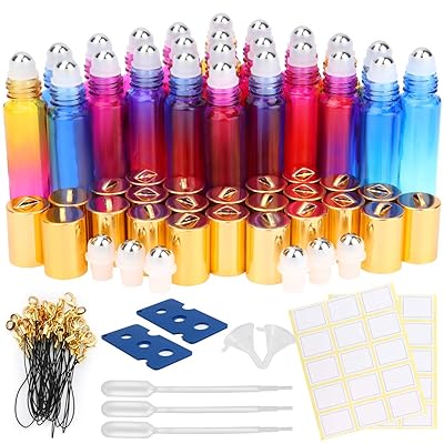Glass Roller Bottles, ESARORA 24 Pack 10ml Gradient Color Essential Oil Roller Bottles with Stainless Steel Roller Ball and Golden hanging cap(3 Dropper,2 Funnel,6 Extra Roller Ball,30 Label,2 Opener)