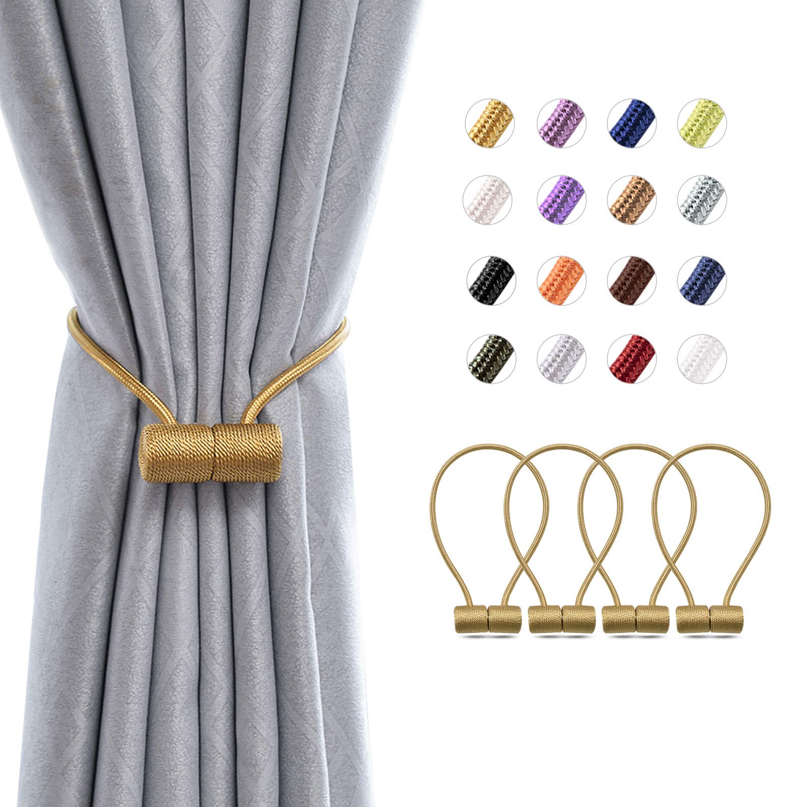 Pretty Jolly 4 Pack Magnetic Curtain Tiebacks 16 Inch Modern Handmade Weave Rope Curtain Holdbacks Convenient Decorative Curtain Drape Tie Backs for Home and Office Window Drapery (Gold)