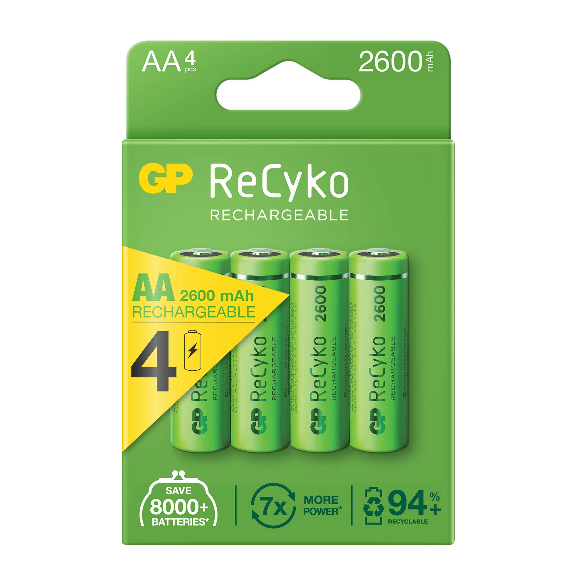 GP Recyko AA Rechargeable Batteries 2600 mAh Pre-Charged Ni-Mh Batteries Green | Pack of 4