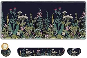 AIMSA Large Gaming Mouse Pad Set, Keyboard Wrist Rest Support + Extended Mouse Pad + Mouse Wrist Cushion + Coaster, Ergonomic Multifunctional Desk Mat 35x15.7in Anti-Slip Rubber Base (Flowers Plants)