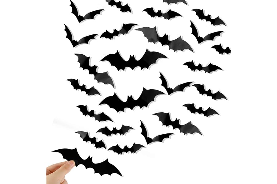 DIYASY Bats Wall Decor, 120 Pcs 3D Bat Halloween Decoration Stickers for Home Decor 4 Size Waterproof Black Spooky Bats for Room Decals
