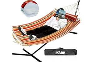 IKARE Double Hammock with Stand, Extra Large Hammock with Pillow, Storage Bag for Outdoor Indoor, 550LBS Capacity, Tropical Stripes