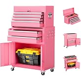 Crownland 8 Drawer Rolling Tool Chest with Wheels, Pink | Lockable 2 in 1 Detachable Tool Cabinet with Drawers and Black Liners, Garage Top Toolbox and Bottom Storage Cart, Side Hooks