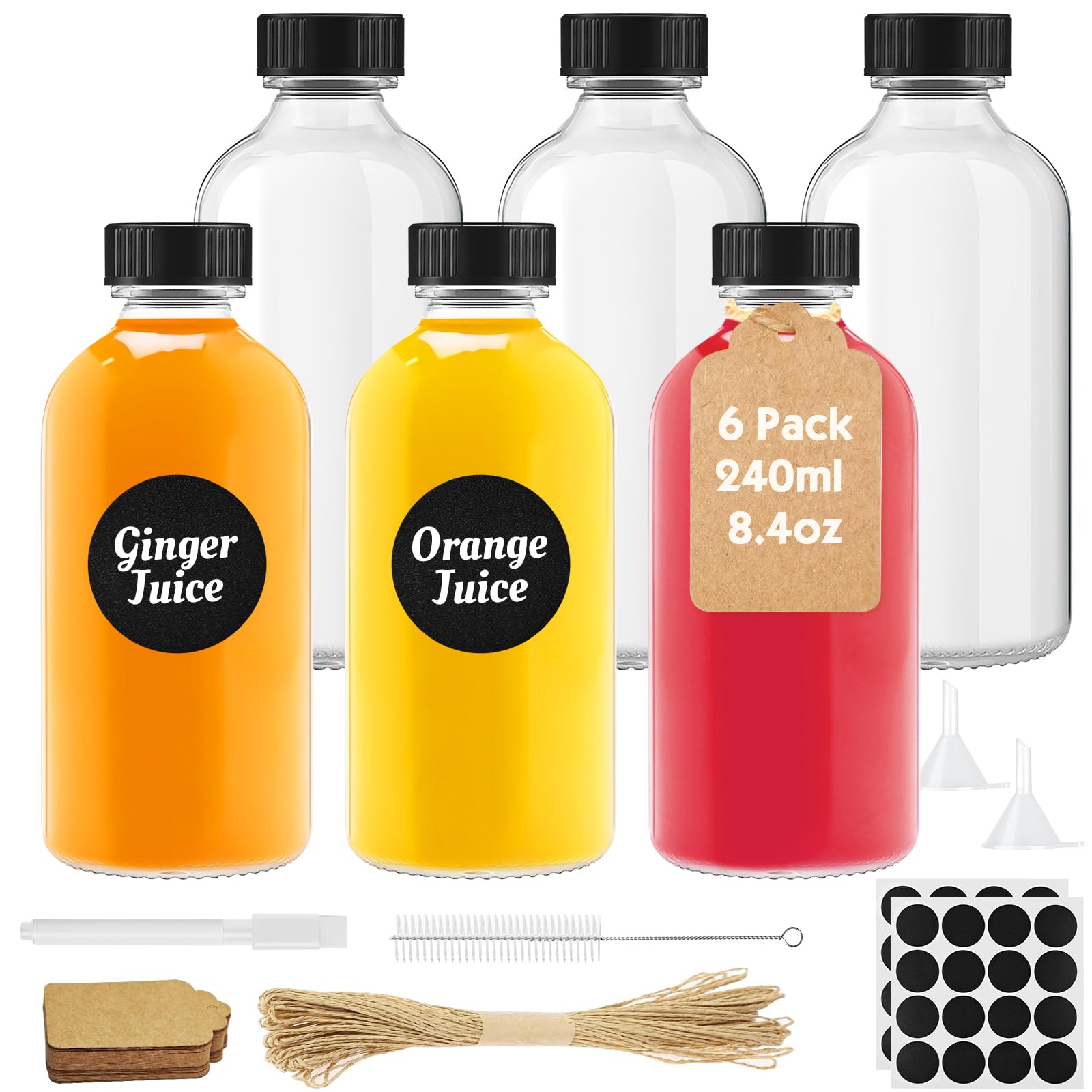 Furuising 6Pcs Glass Shot Bottles with Lids 240ml, 8.5oz Ginger Shot Bottles, Clear Glass Bottles with Hang Tag, Pen, Label, Funnel, Brush, Jute String for Ginger ale, Alcohol, Juice