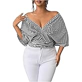 OYOANGLE Women's Plus Size Striped Off Shoulder Blouse Dolman Sleeve Open Back Ruched Shirt Tops