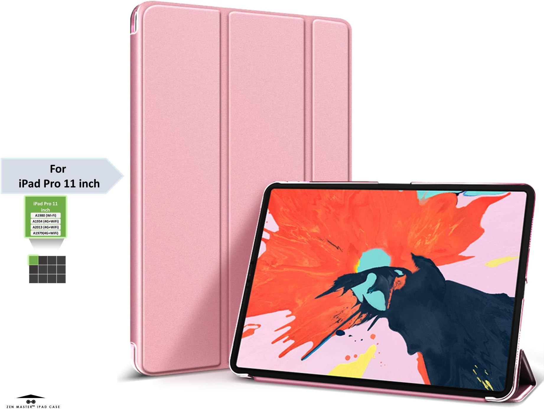 Zen Master PU Leather Trifolded Case with Auto Sleep/Wake for Apple 11 inch iPad Pro 2018 Model A1980, A1934, A2013, A1979 (Rose Gold)