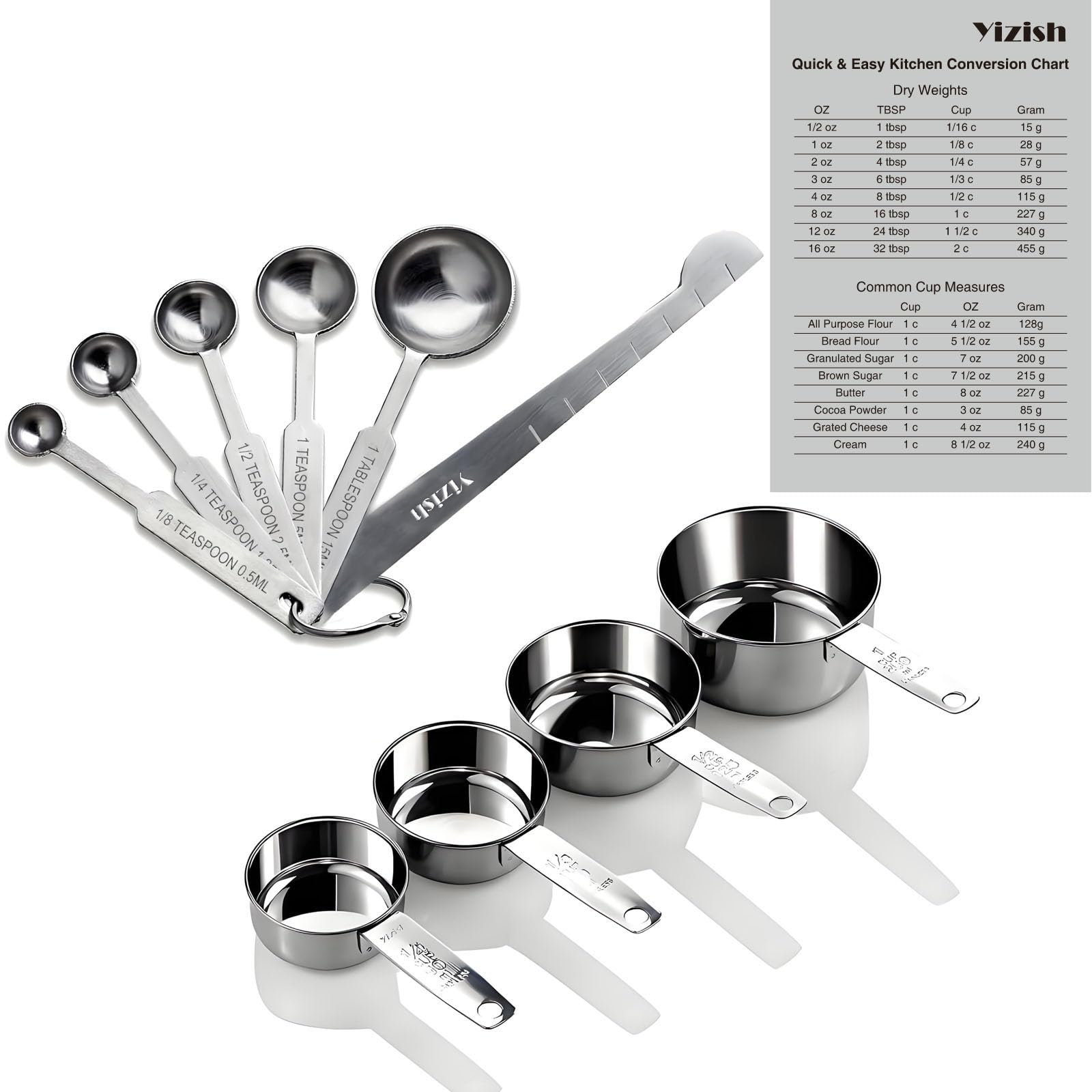 Yizish Stainless Steel Measuring Cups and Spoons with Measuring Ruler, Kitchen Conversion Chart Set of 10 for Dry and Liquid Ingredients