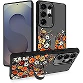 TYBUTHE Magnetic Case for Samsung Galaxy S25 Ultra 6.9 Inch [Wireless Charging Compatible] Floral Flowers Black Case with Strap Stand Anti-Scratch Shockproof Protection Kickstand Phone Cover for Women