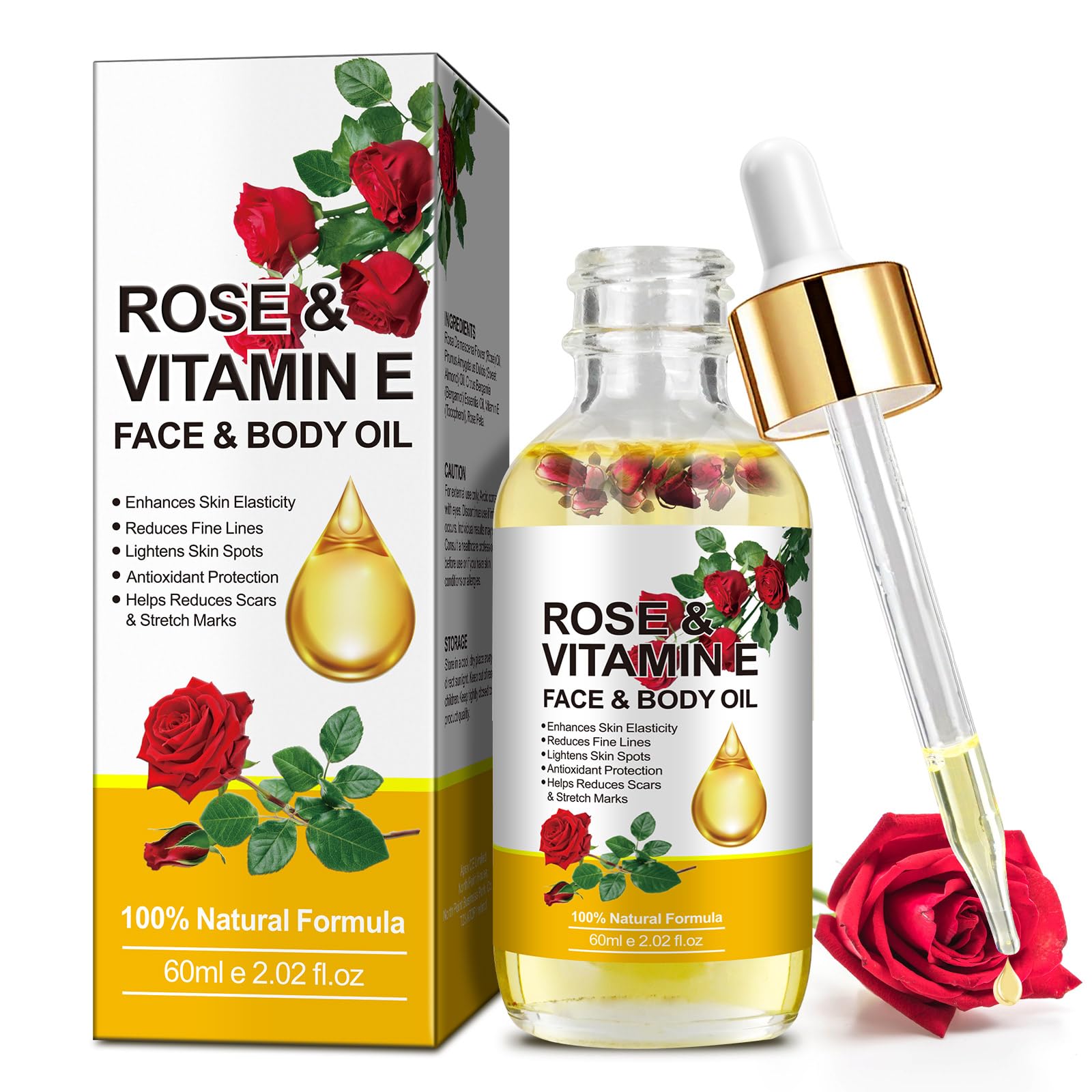 Rose Vitamin E Face & Body Oil - 100% Natural Moisturize Reduce Wrinkles Diminish Scars and Stretch Marks Enhances Skin Elasticity Rose Vitamin E Oil Organic for Face Body Massage Oil
