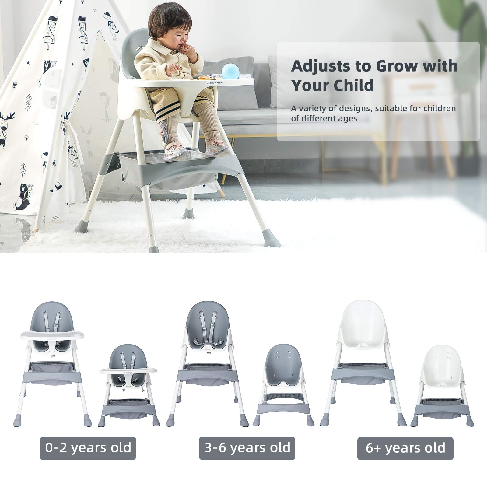KESAIH High Chair, Height Adjustable High Chairs for Babies and Toddler with Easy-Clean Pu Cushion, Removable Tray, Adjustable Feet, 5 Point Safety Harness, Modern Toddler High Chair （Grey）