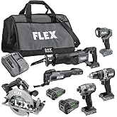 FLEX 24V Brushless Cordless 6-Tool Combo Kit: Hammer Drill, Hex Impact Driver, Circular Saw, Multi-Tool, Reciprocating Saw, Work Light with 2.5Ah, 5.0Ah Lithium Batteries and 160W Charger - FXM601-2B