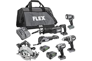 FLEX 24V Brushless Cordless 6-Tool Combo Kit: Hammer Drill, Hex Impact Driver, Circular Saw, Multi-Tool, Reciprocating Saw, Work Light with 2.5Ah, 5.0Ah Lithium Batteries and 160W Charger - FXM601-2B
