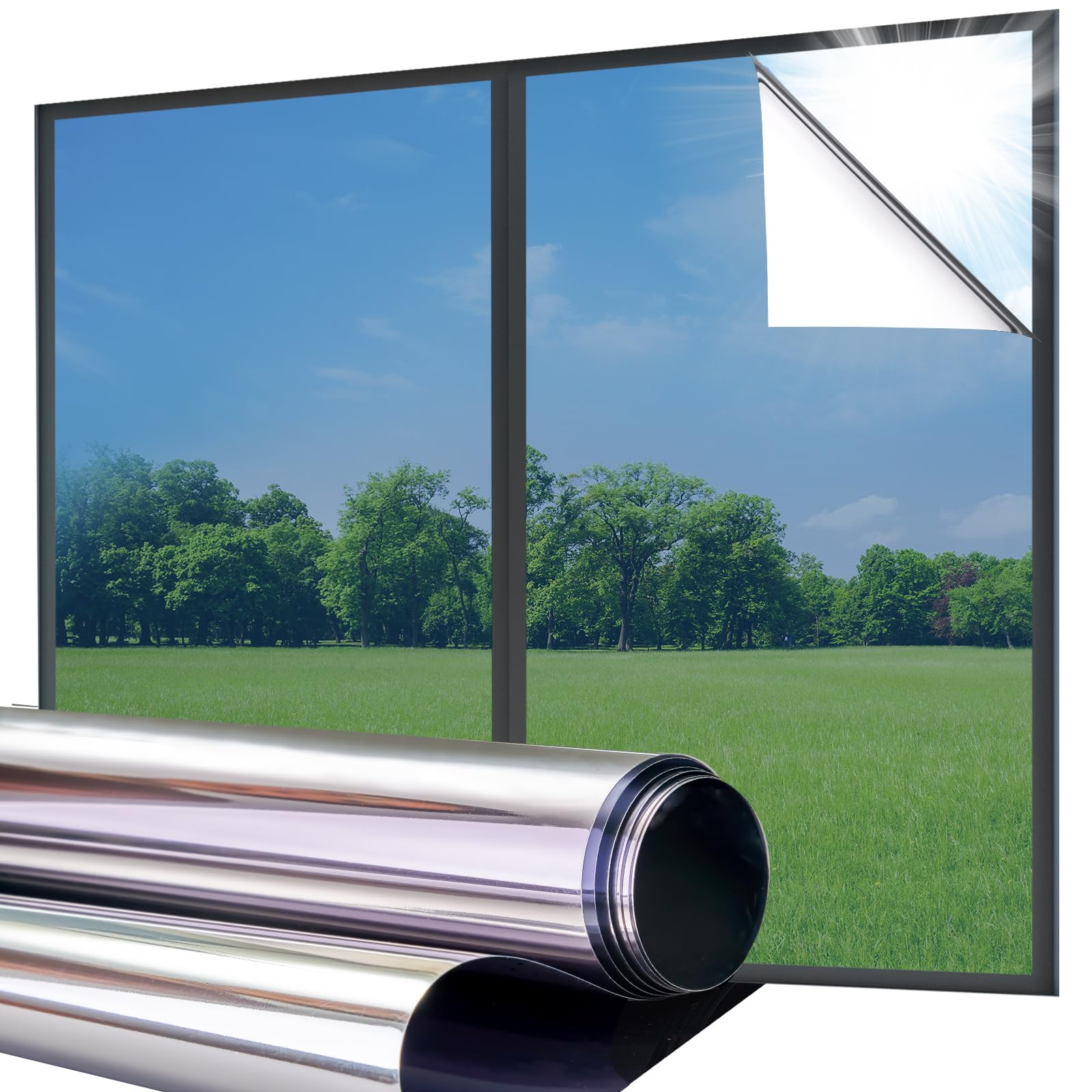 Lifetree Reflective One Way Window Film Privacy: Mirror Window Tint Film Heat Control Sun Blocker, UV Anti Glare Film Clear Day and Night for Home Office (Blue, 44.5 * 200cm)