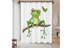 OTRANTO Cute Frog Shower Curtain Cartoon Animal Theme Leafage Green Kids White Brown Bathroom Decor Set Machine Washable Waterproof Fabric 72 x 72 Include Hooks