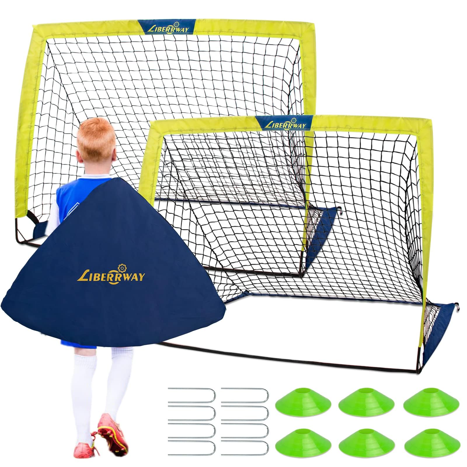 LIBERRWAY Football Goal, 4'x 3' Foldable Net Set of 2 Post with 6 Cones, 8 U-shaped Steel Nails and Carry Bag, Kids Training Equipment for Garden, Backyard, Playground, Blue and Green