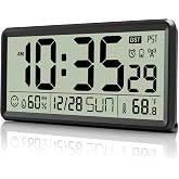 EASYERA 15'' Large Digital Atomic Wall Clock Battery Operated, Auto DST | Indoor Temperature and Humidity, Large Display, for Living Room/Office,(Battery Not Included,No Backlight,Only for DST Areas)