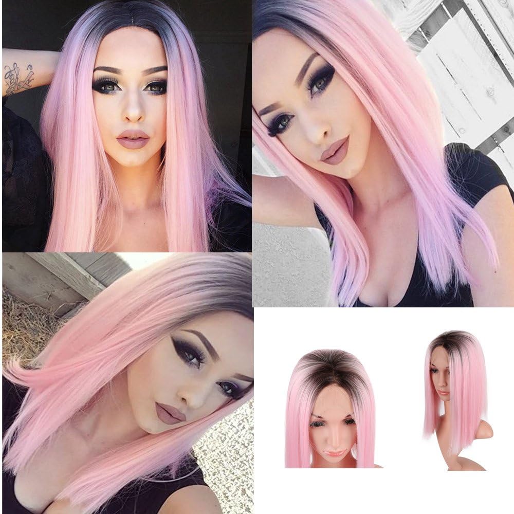 Nantansha Glueless Lace Front Wig 14 Inches Ombre 2 Tone Pink Color Straight Short Bob Wig Synthetic Heat Resistant Fiber Hair Half Hand Tied Wig (Pink Color Bob)