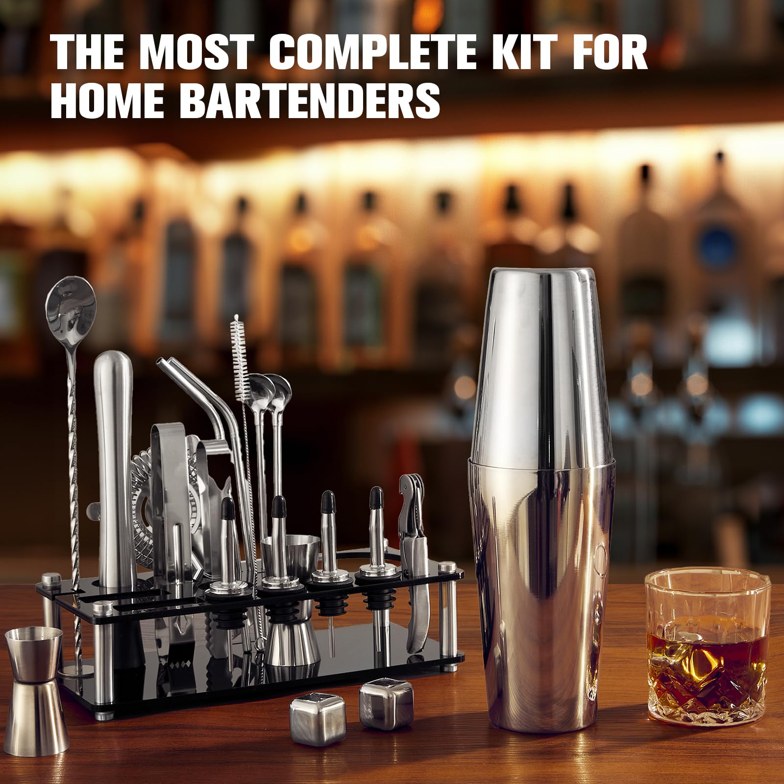 Cocktail Shaker Set, 23-Piece Boston Stainless Steel Bartender Kit with Acrylic Stand & Cocktail Recipes Booklet, Professional Bar Tools for Drink Mixing, Home, Bar, Party (Include 4 Whiskey Stones) - Image 2