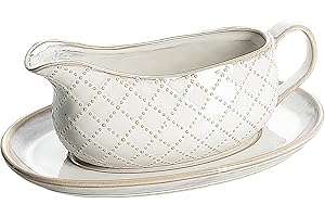 Getstar Gravy Boat with Saucer, Cranberry Sauce Dish Thanksgiving, Ceramic Gravy Dish Bowl, Microwave & Dishwasher Safe (Embossed Checks)