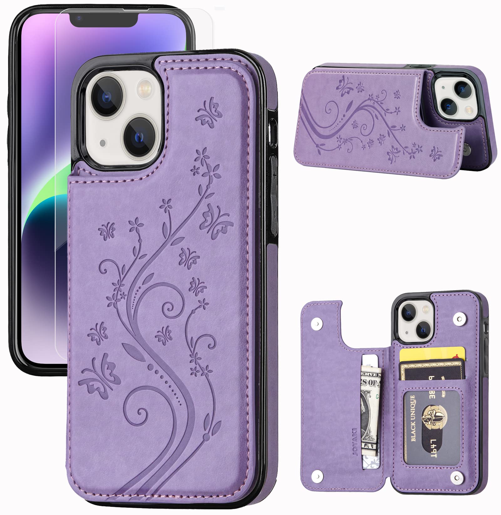 Photo 1 of JOYAKI Wallet Case Compatible with iPhone 14, Slim Protective case with Card Holder,Premium PU Leather Kickstand Card Slots Case with a Free Screen Protector for iPhone 14 (6.1")-Purple