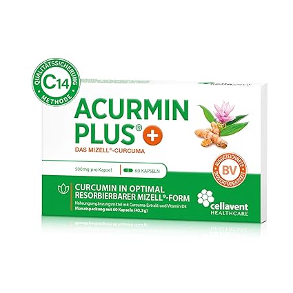 Kurkuma Kapseln hochdosiert von Acurmin PLUS: Das Mizell-Curcuma (Curcumin) mit Vitamin D3, OHNE Piperin/Bioperin/Pfeffer von