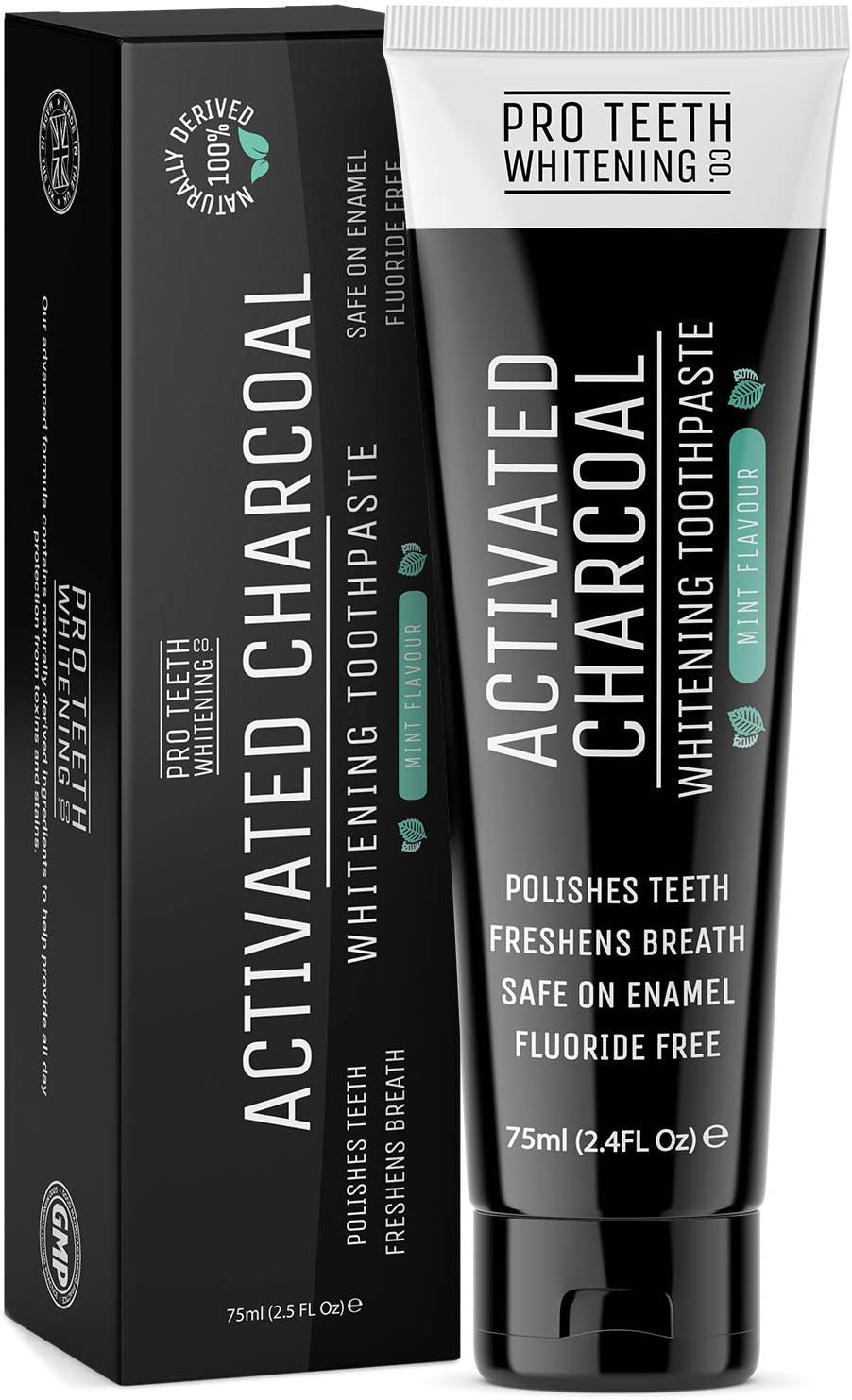 Activated Charcoal Whitening Toothpaste - Mint Flavour 100% Naturally Derived - Polishes Teeth, Freshens Breath, Safe on Enamel, Fluoride Free - Made in The UK by Pro Teeth Whitening Co.
