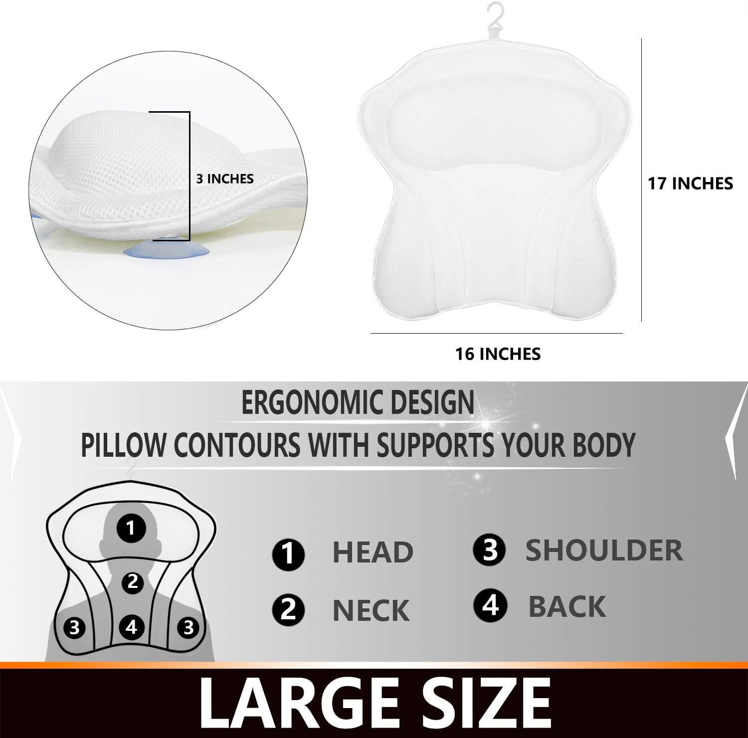 Yimobra Luxurious Spa Bath Pillows for Head Shoulder Neck Support, Bathtub Cushion with Suction Cup, Spa Pillow for Soaking Hot Tub, Comfort, Machine Washable, Quick Dry, Bath Accessories, 17x16 Inch : Beauty