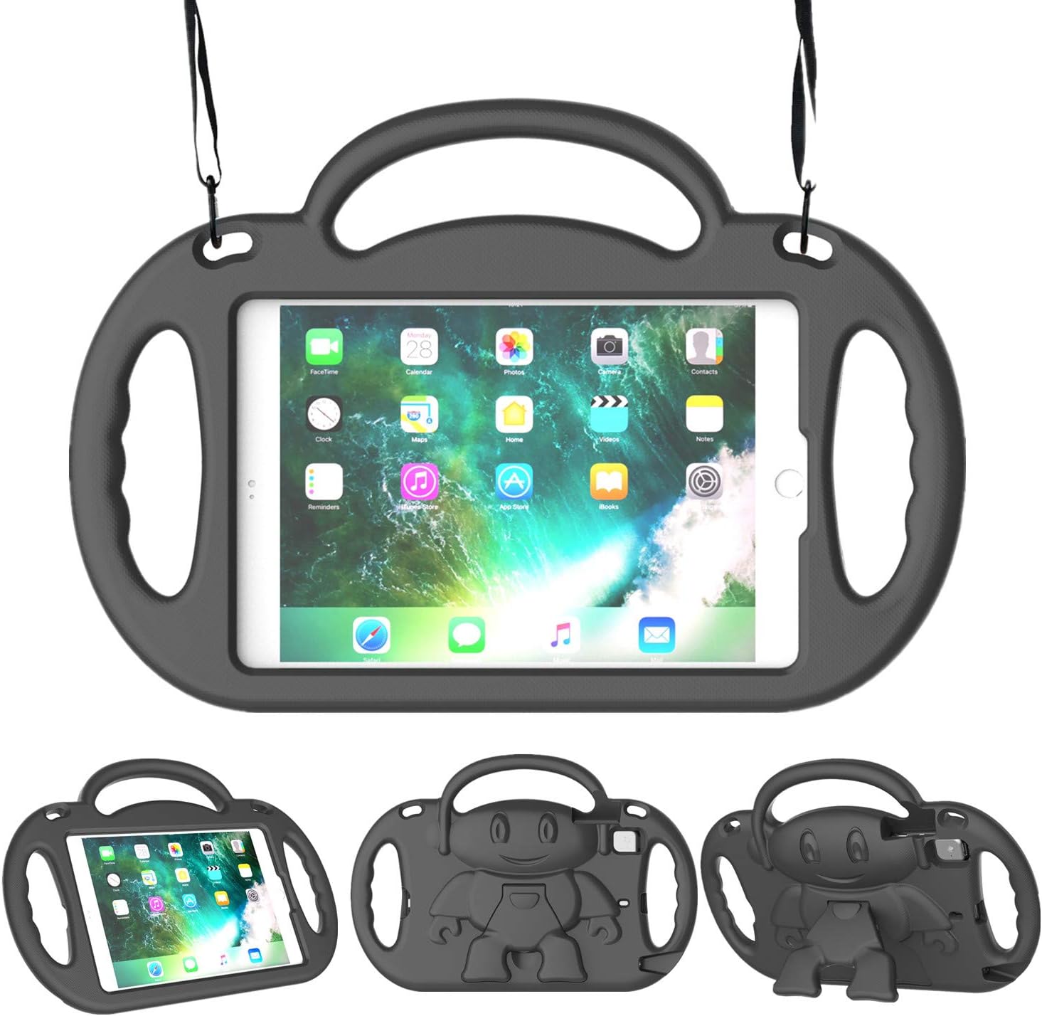 LEDNICEKER Kids Case for iPad Mini 1 2 3 4 5 - Light Weight Shockproof Handle Friendly Kids Case with Built-in Kickstand & Shoulder Strap for iPad Mini, Mini 5 (2019), Mini 4, Mini 3, Mini 2 - Black