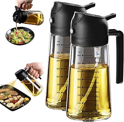 TrendPlain 16oz/470ml Glass Olive Oil Sprayer for Cooking – 2 in 1 Olive Oil Dispenser Bottle for Kitchen Gadgets and Air Fryer Accessories, Salad, BBQ - 2 Black