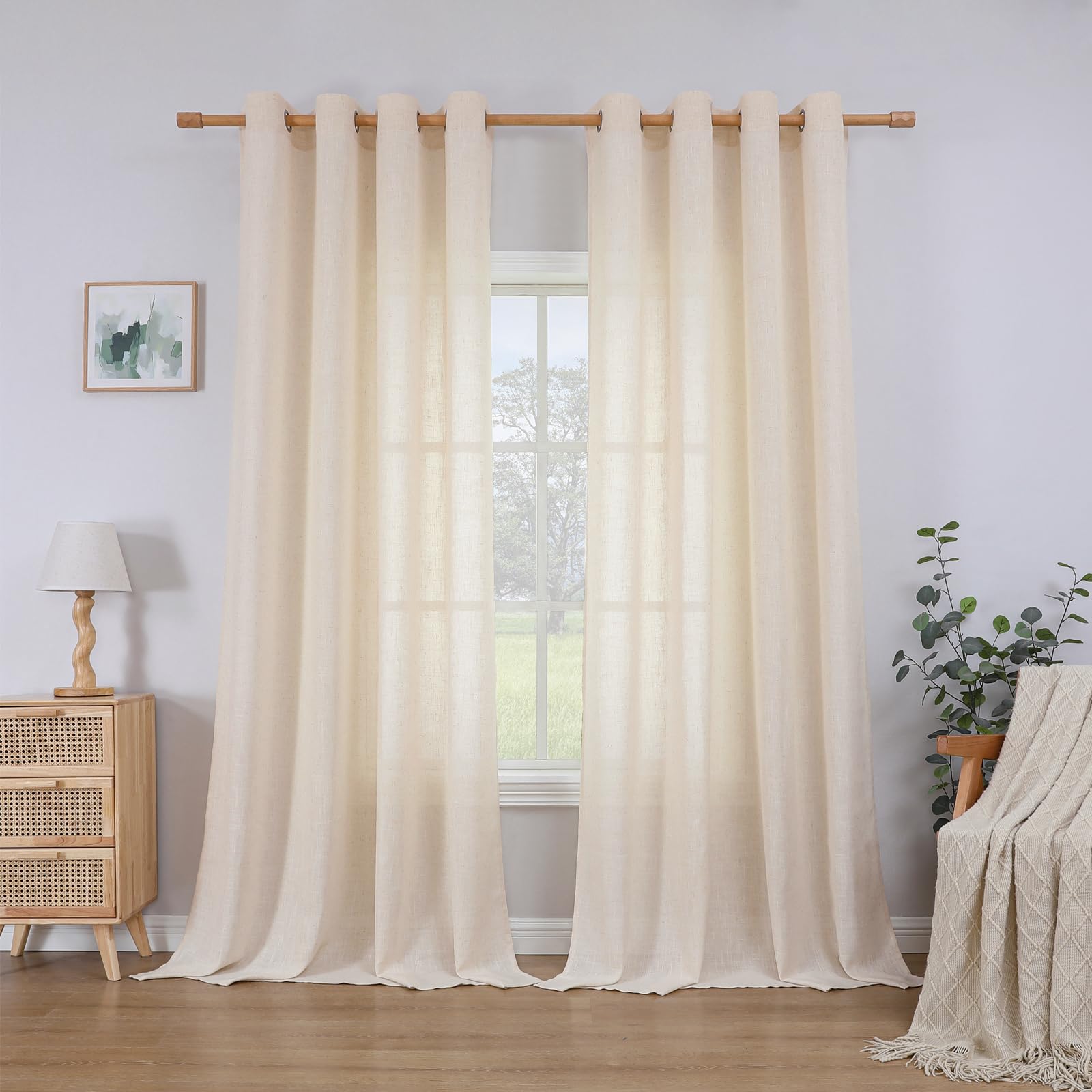 CUCRAF Linen Curtains Eyelet Sheer Net Voile 2 Panels 55" Width x 72" Drop Beige